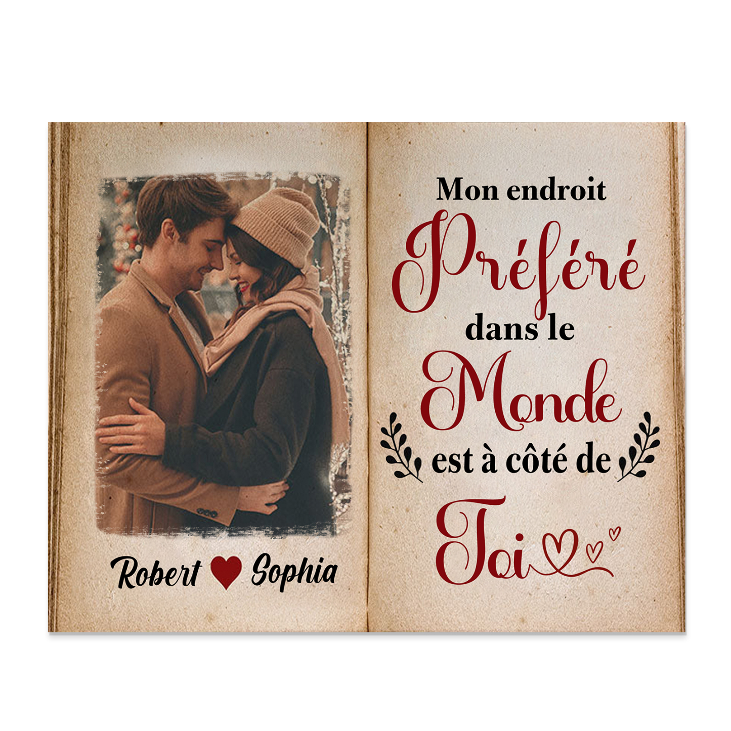 Cadre en Bois 2 Prénoms Personnalisés avec Photo pour Couple Cadeau Saint Valentin