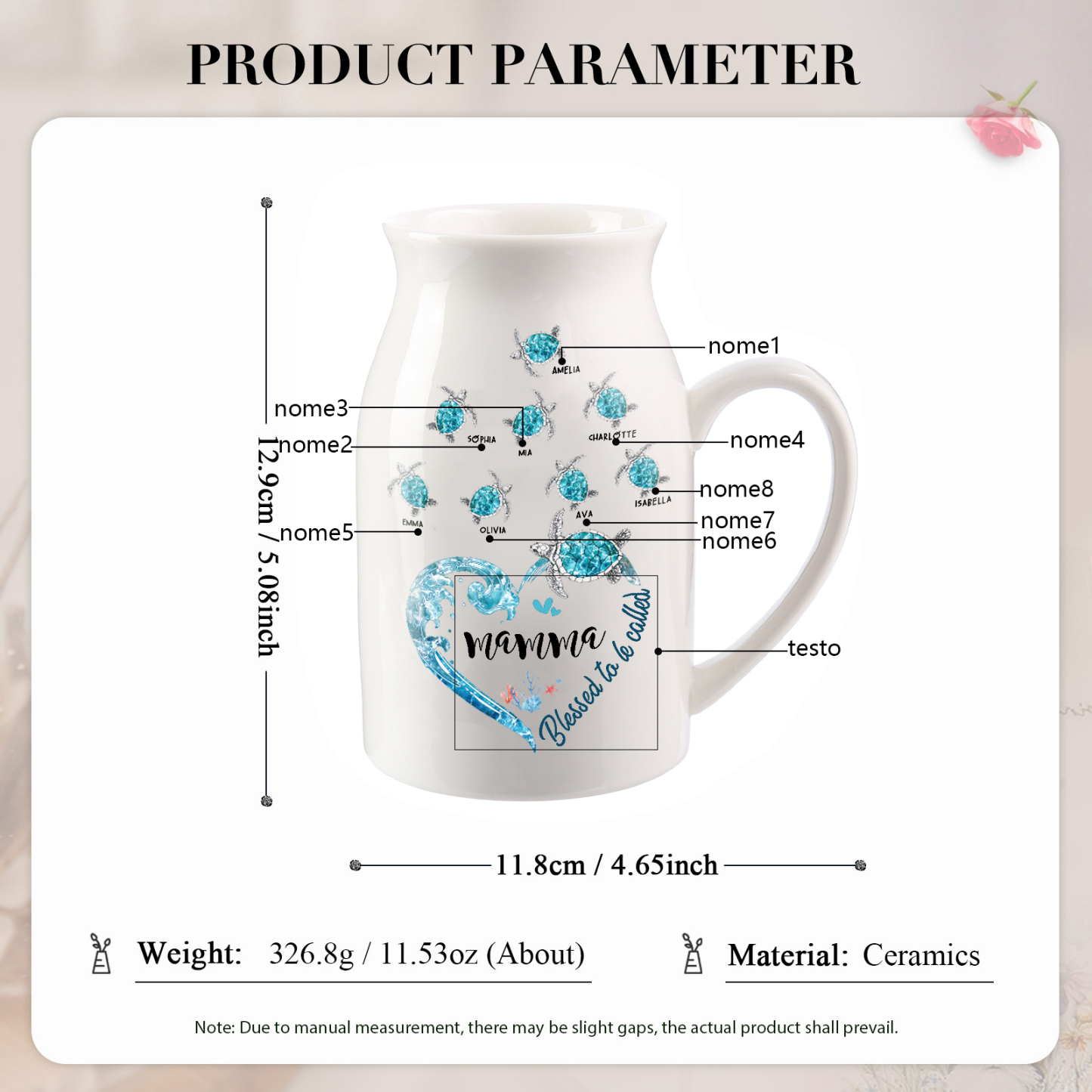 Vase à Fleurs Tortue de Mer 8 Prénoms Personnalisés avec 1 Texte Décoration de la Maison