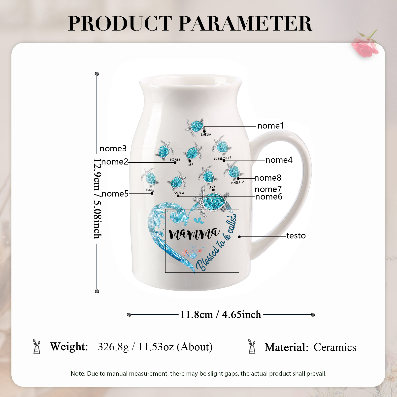 Vase à Fleurs Tortue de Mer 8 Prénoms Personnalisés avec 1 Texte Décoration de la Maison