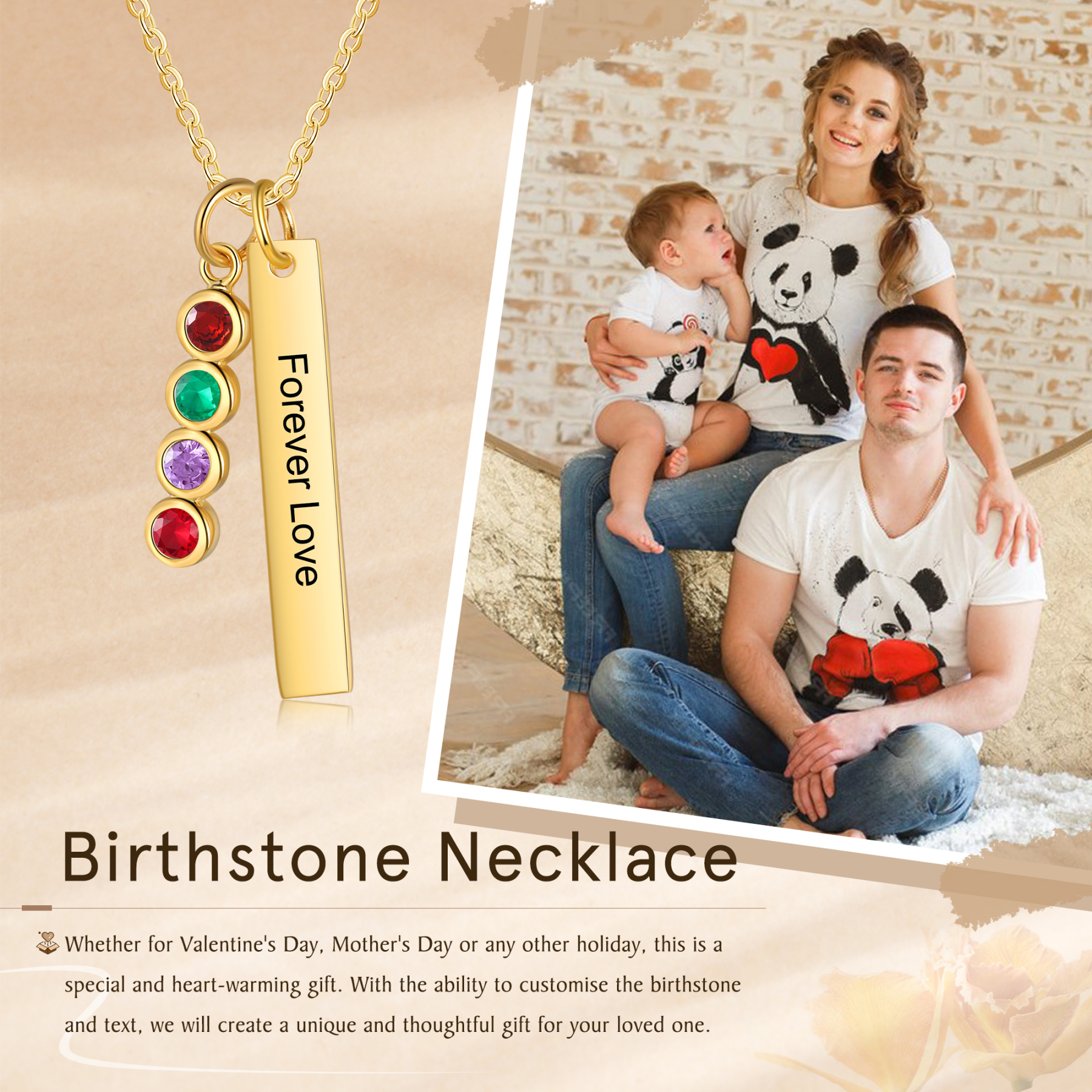 Collier Barre 1 Texte Personnalisé avec 4 Pierres de naissance Collier Femmes