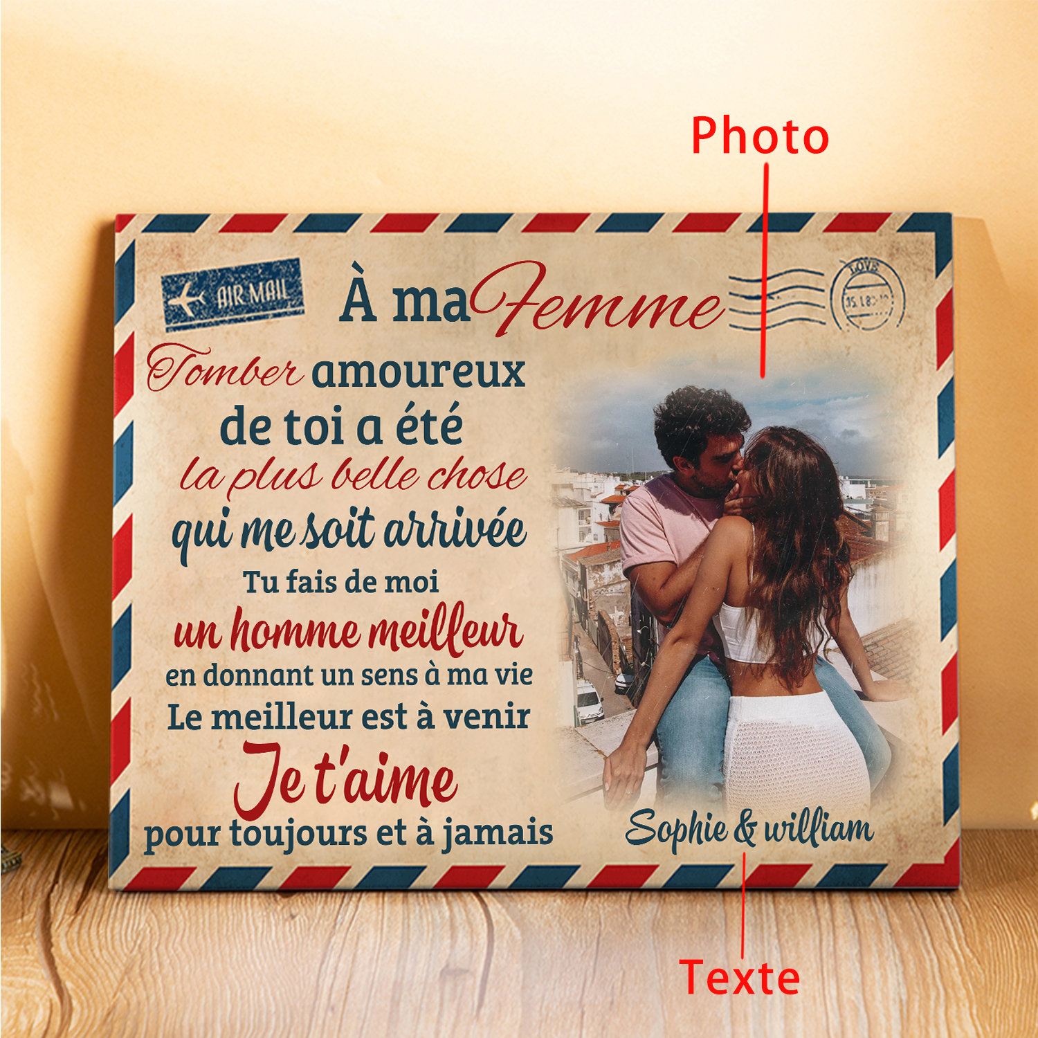 Cadre en Bois 2 Prénoms Personnalisés avec Photo pour Couple Cadeau Saint Valentin
