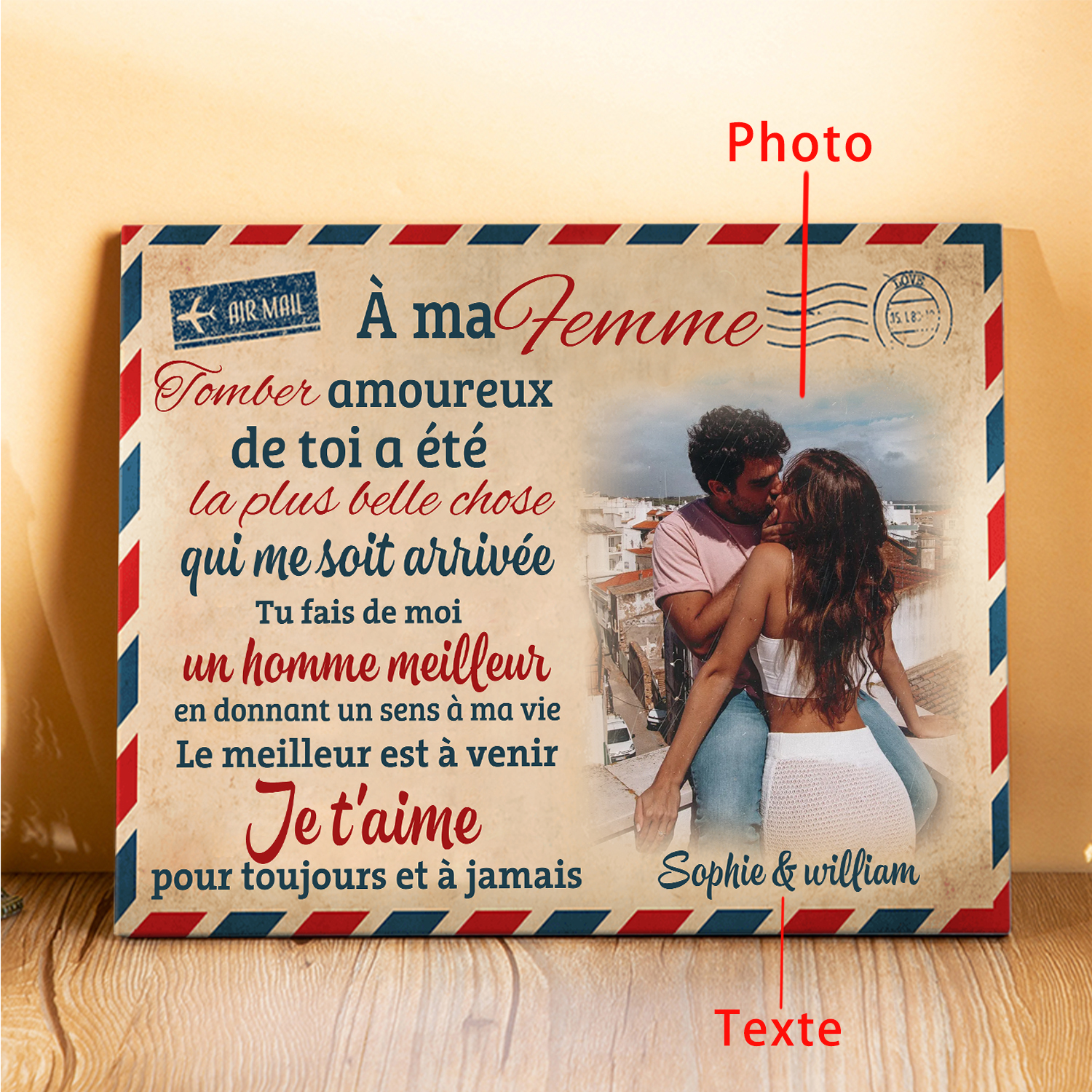 Cadre en Bois 2 Prénoms Personnalisés avec Photo pour Couple Cadeau Saint Valentin