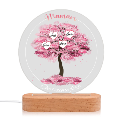 À Maman/Mamie - Lampe de chevet LED Lumières Arbre 4 Prénoms et 2 Textes Personnalisés pour Famille