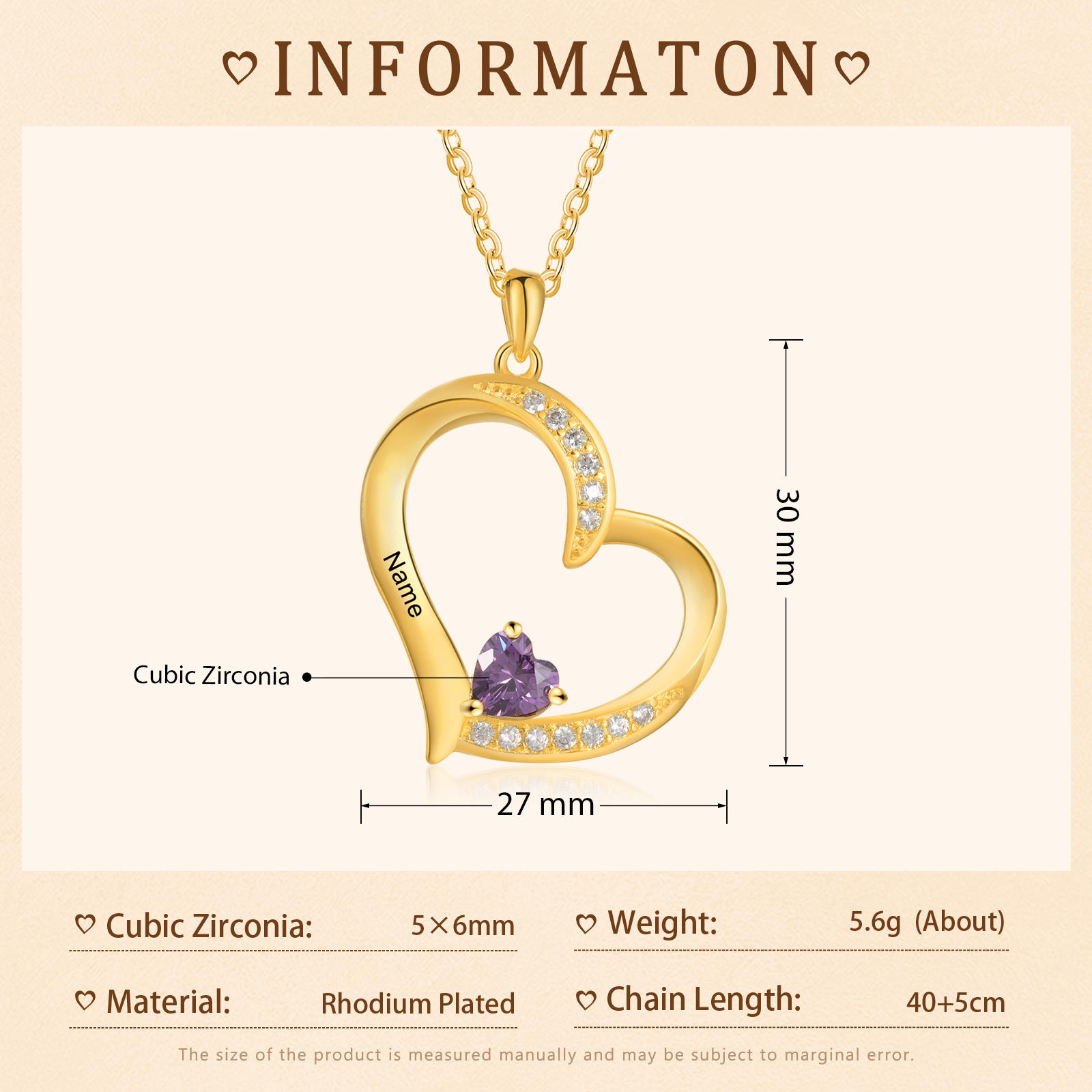 Collier Cœur 1-6 Prénoms Personnalisés avec Pierre de naissance