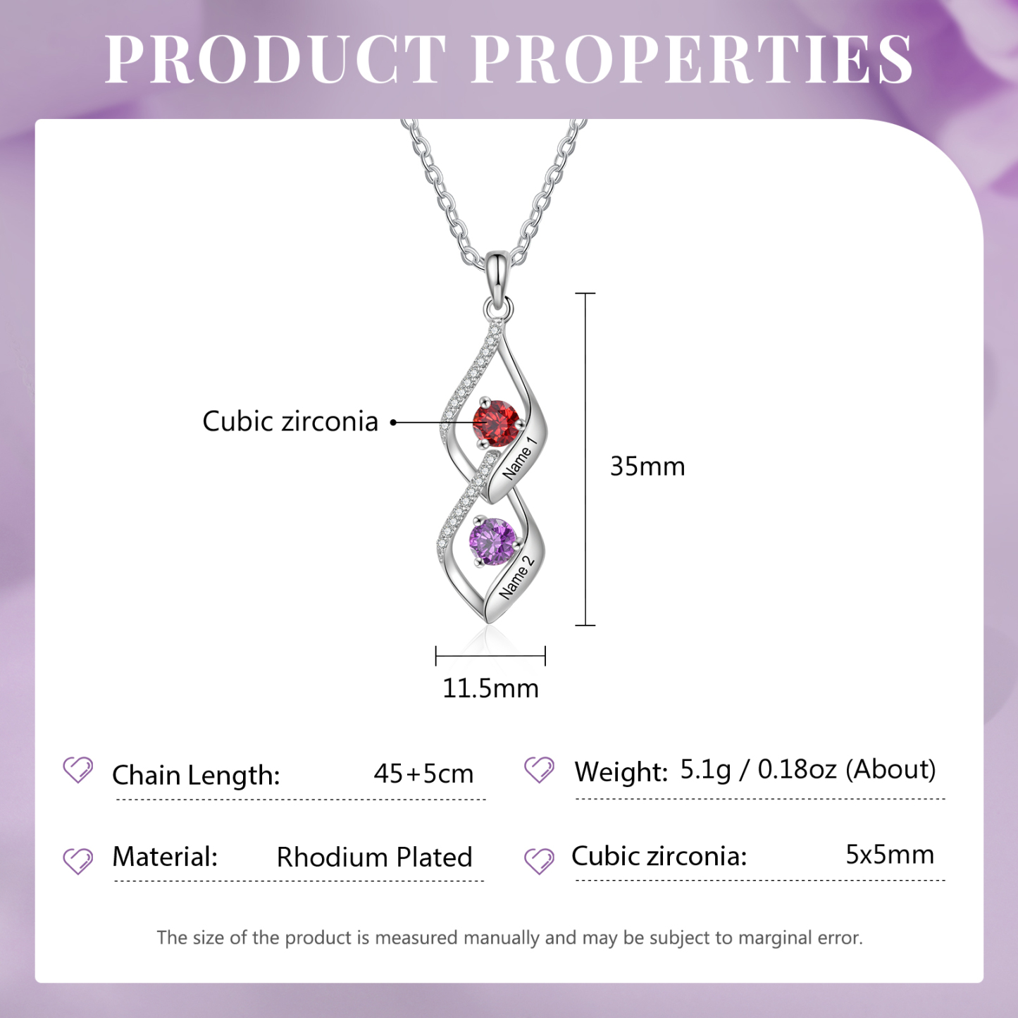 Collier Pendentif infini 2 Prénoms Personnalisés avec Pierre de naissance pour Femmes | Jessemade