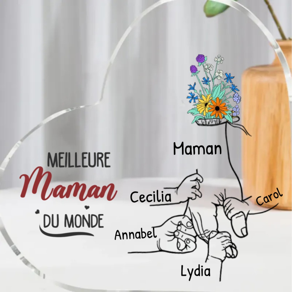 À ma Maman - Plaque Acrylique en Forme de Cœur 2-7 Prénoms Personnalisés Décoration la main dans la main