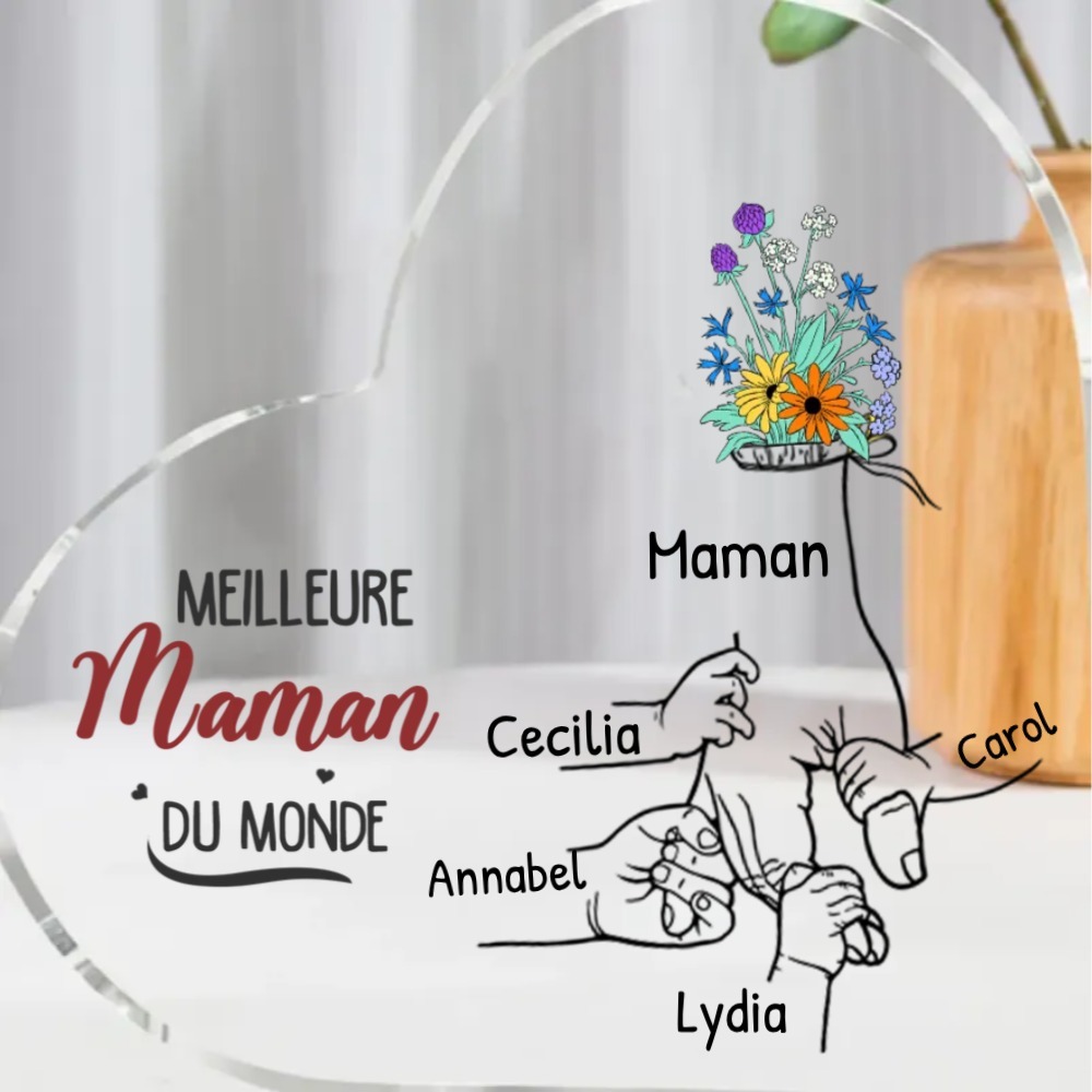 À ma Maman - Plaque Acrylique en Forme de Cœur 2-7 Prénoms Personnalisés Décoration la main dans la main