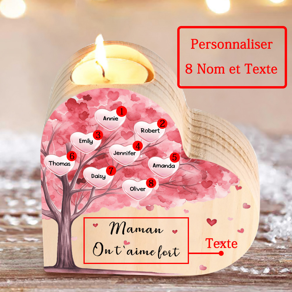 À Ma Maman/Mamie - Bougeoir en Bois Arbre 8 Prénoms et 1 Texte Personnalisés pour Famille sans bougie
