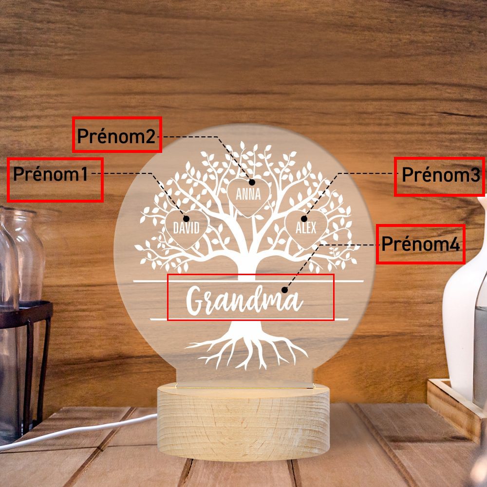 À ma Mamie/Maman - Lampe de chevet Arbre de vie LED Lumières 4 Prénoms Personnalisés pour Famille