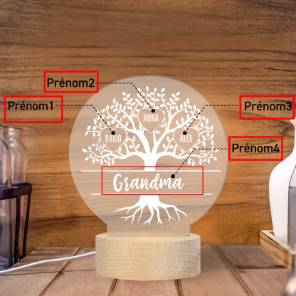 À ma Mamie/Maman - Lampe de chevet Arbre de vie LED Lumières 4 Prénoms Personnalisés pour Famille