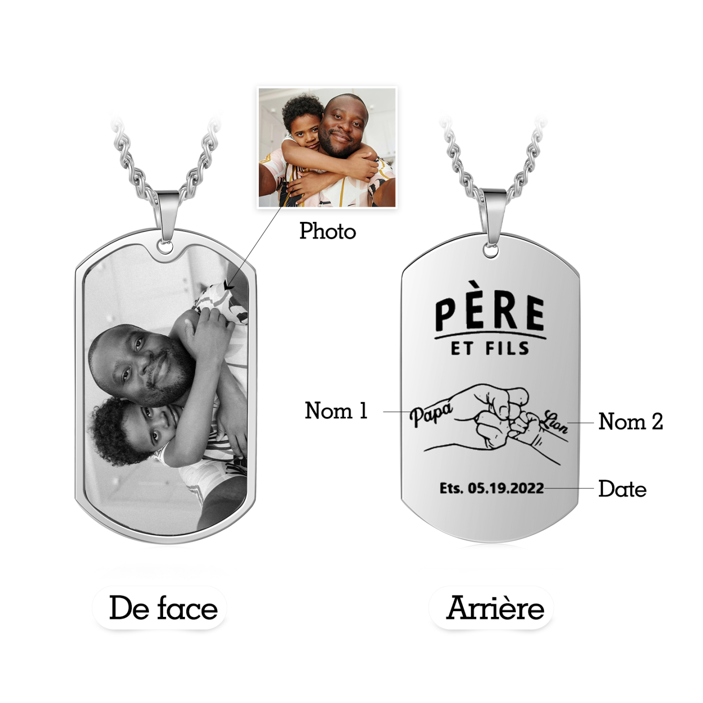 Jessemade FR À Papa - Collier Poings 2 Prénom personnalisé avec photo et date Père et fils Collier Homme