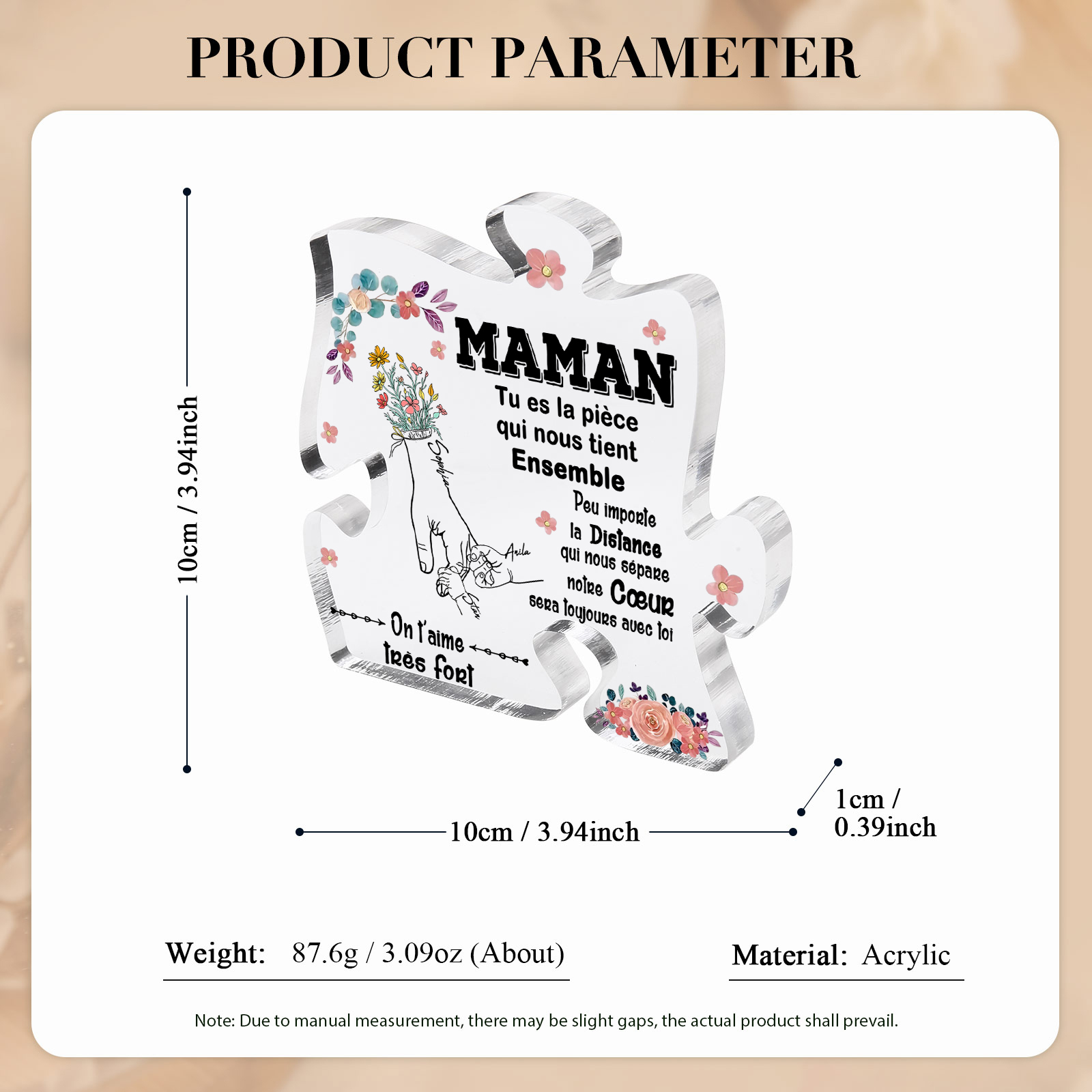 À ma Maman - Plaque Acrylique en forme de Puzzle 3 Prénoms Personnalisés la Main dans la Main