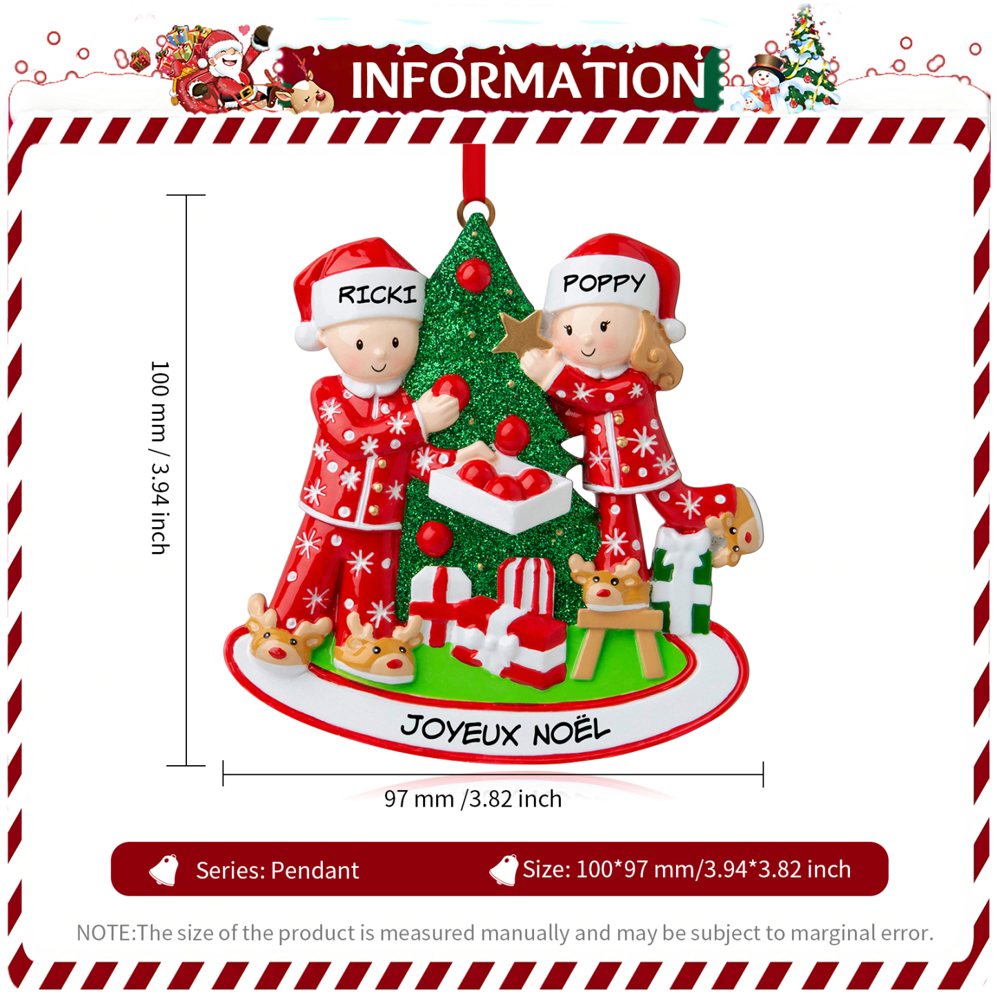 Décoration Sapin Noël 2 Prénoms Personnalisés avec Texte Ornement Sapin en Bois Cadeau pour Couple Saint valentin | Jessemade