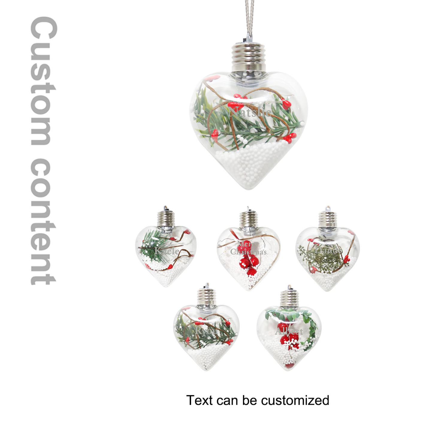 Ornements de Boule transparente Cœur de Noël avec lumières LED texte Personnalisé boule de noël | Jessemade