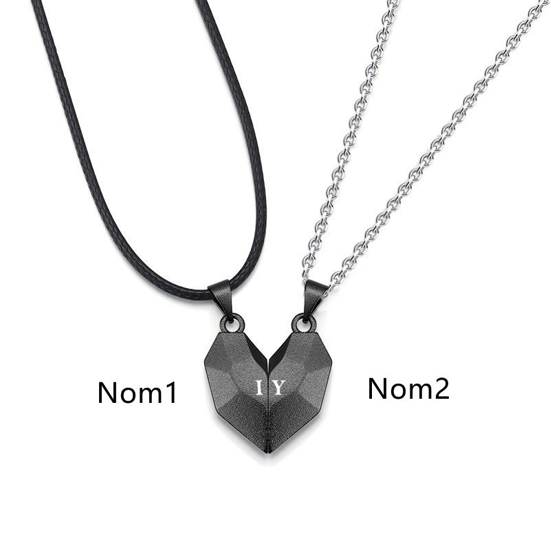 À Ma Petite Amie -Collier breloque Coeur 2 Lettres personnalisés Avec aimant pour Couple