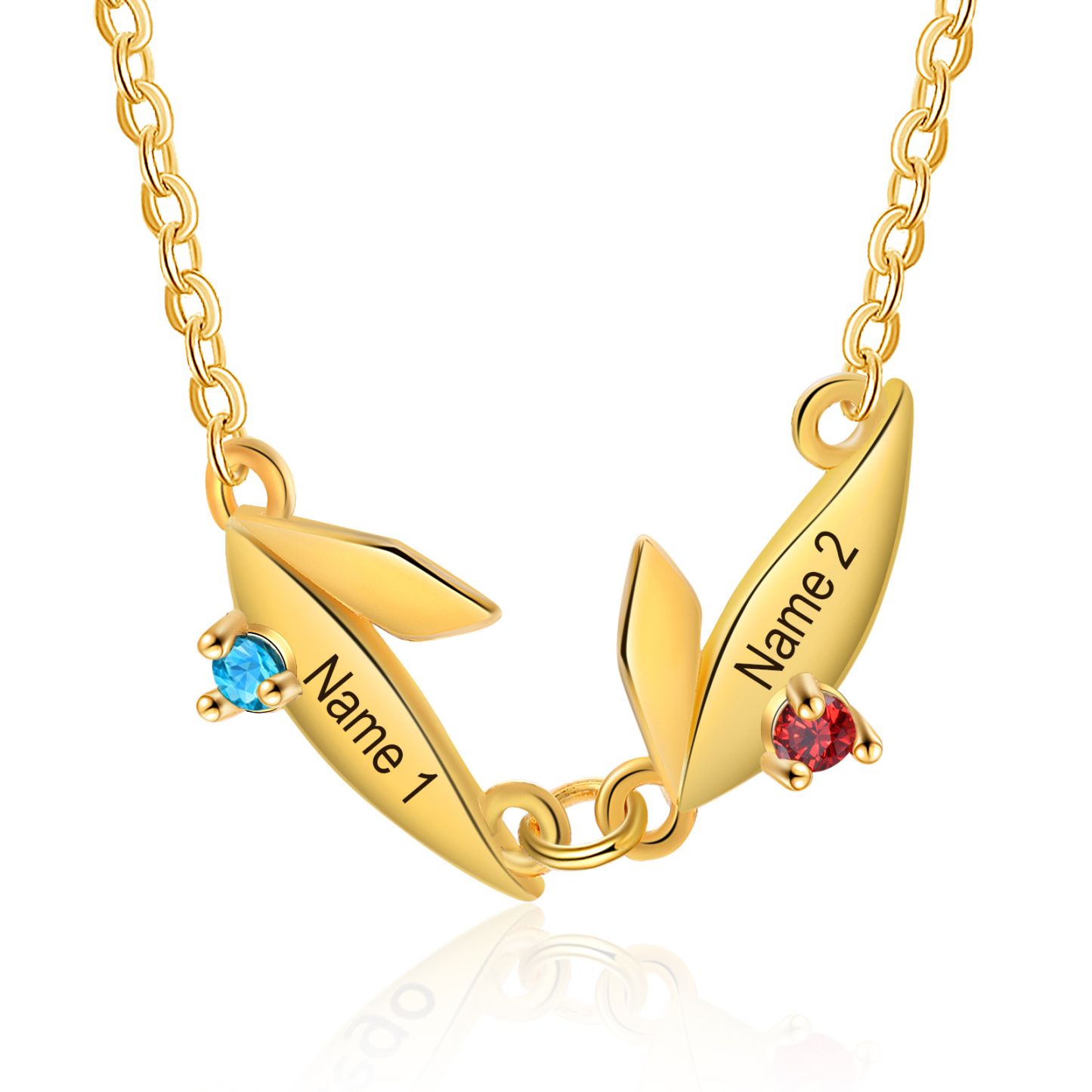 Collier Feuille 2 Prénoms Personnalisés avec Pierre de naissance Collier Femmes