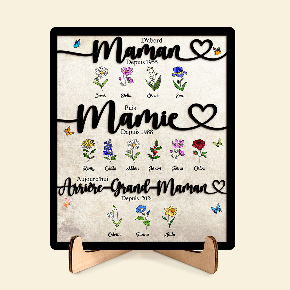 Cadre Familial Personnalisé en Bois « D'abord Maman Puis Mamie Aujourd'hui Arrière-Grand-Maman » avec motif floral
