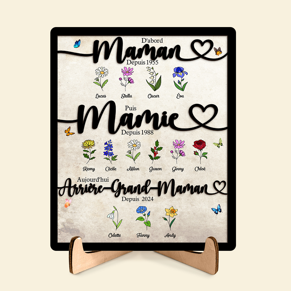 Cadre Familial Personnalisé en Bois « D'abord Maman Puis Mamie Aujourd'hui Arrière-Grand-Maman » avec motif floral