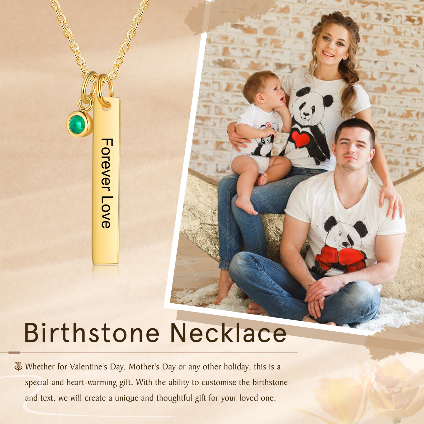 Collier Barre 1 Texte Personnalisé avec 1 Pierre de naissance Collier Femmes