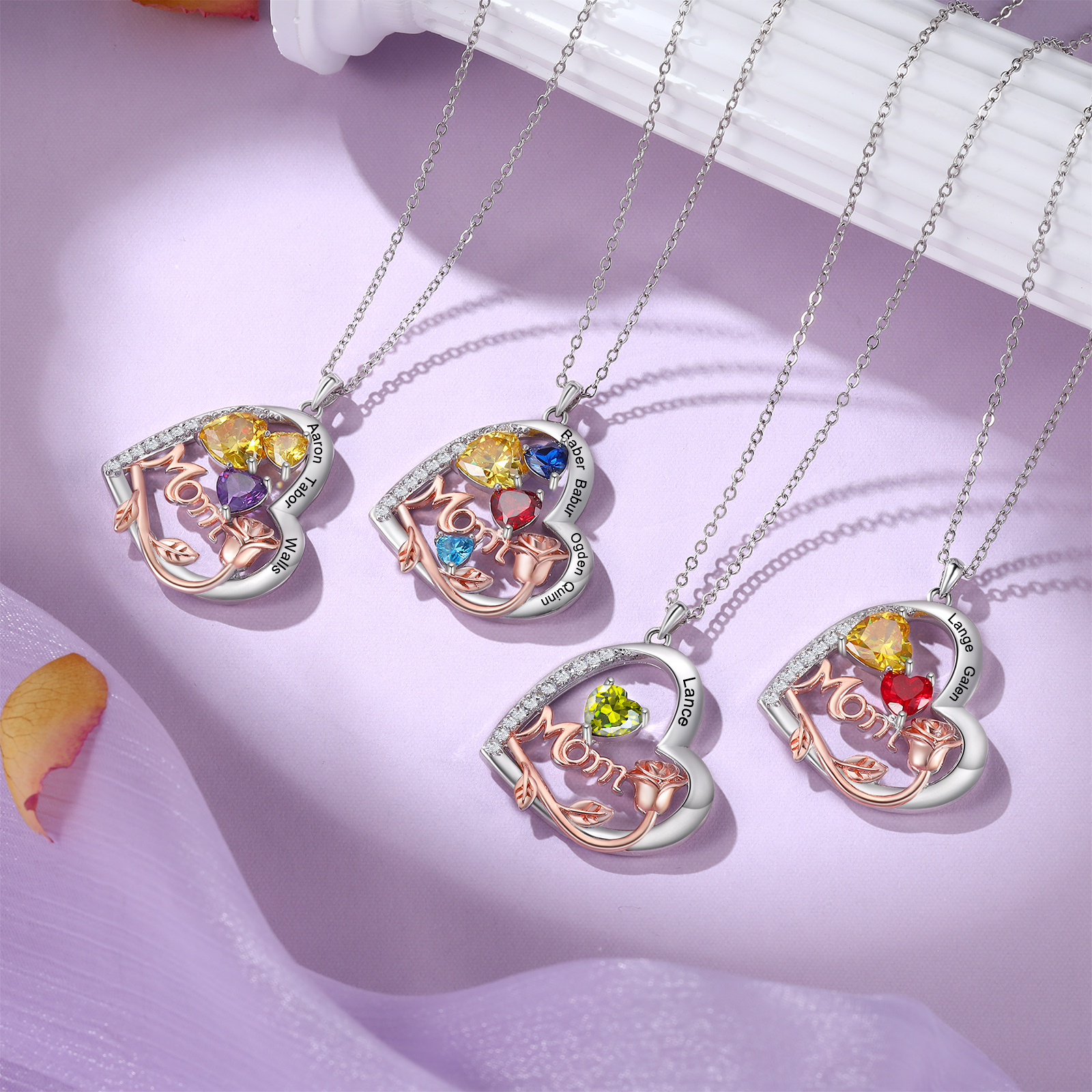 À Maman - Collier Pendentif Cœur et Roses 2 Prénoms Personnalisés avec Pierres de naissance | Jessemade