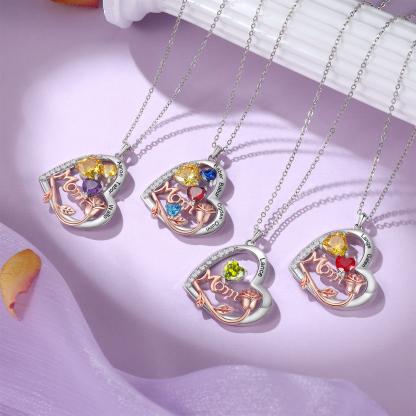 À Maman - Collier Pendentif Cœur et Roses 4 Prénoms Personnalisés avec Pierres de naissance