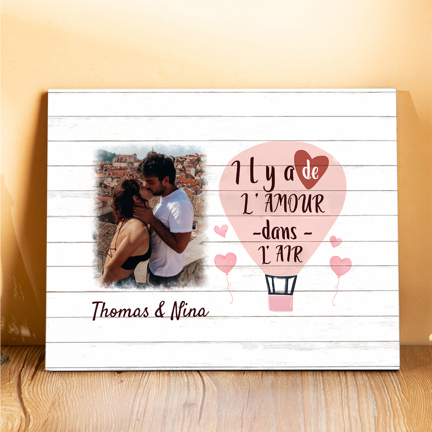 Cadre en Bois 2 Prénoms Personnalisés avec Photo pour Couple Cadeau Saint Valentin