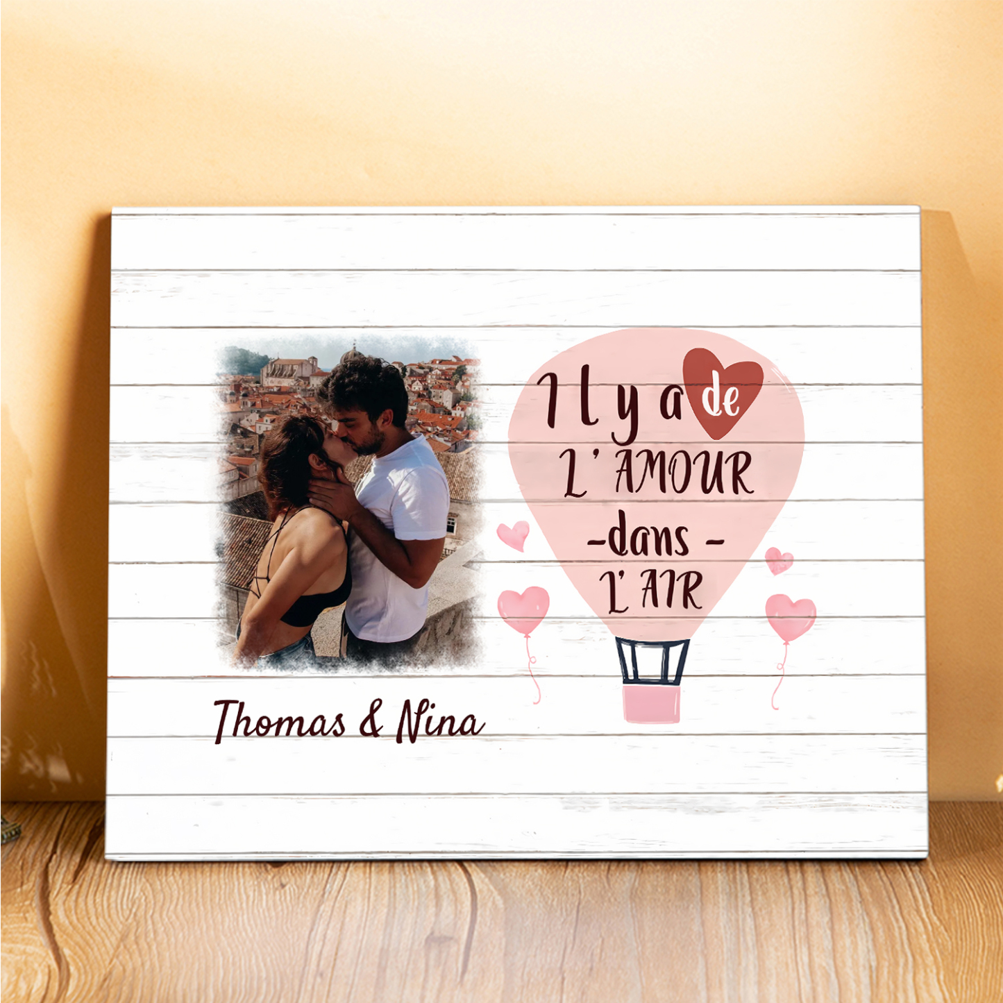 Cadre en Bois 2 Prénoms Personnalisés avec Photo pour Couple Cadeau Saint Valentin