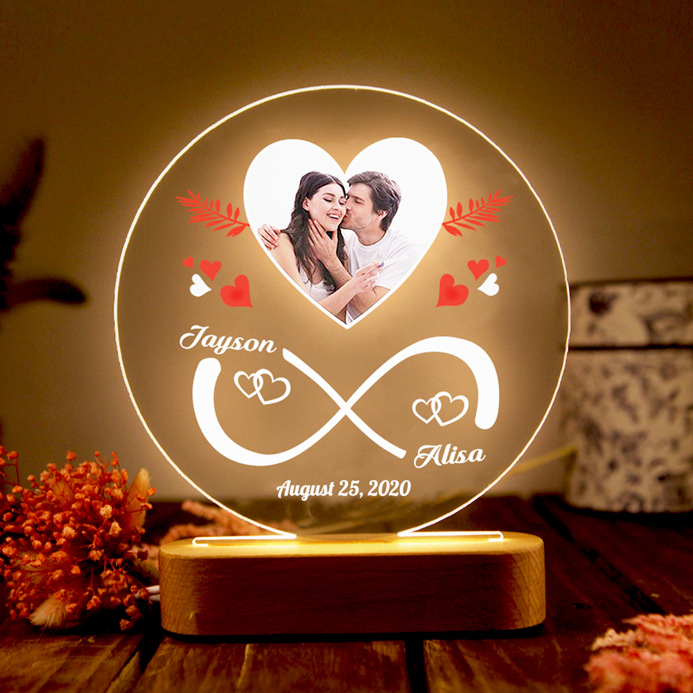 Lampe de chevet Couple LED Lumières 2 Prénoms et 1 Photo Personnalisés avec Date