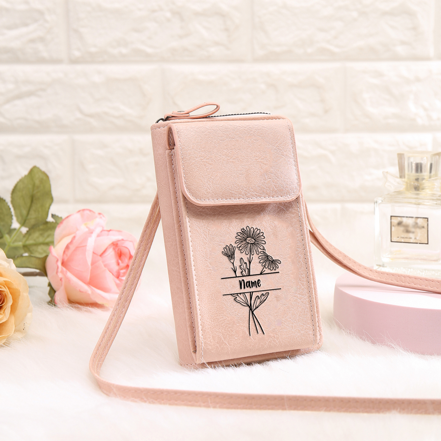 Portefeuille/Sac Bandoulière Femmes 1 Prénom et Fleur de Naissance Personnalisés