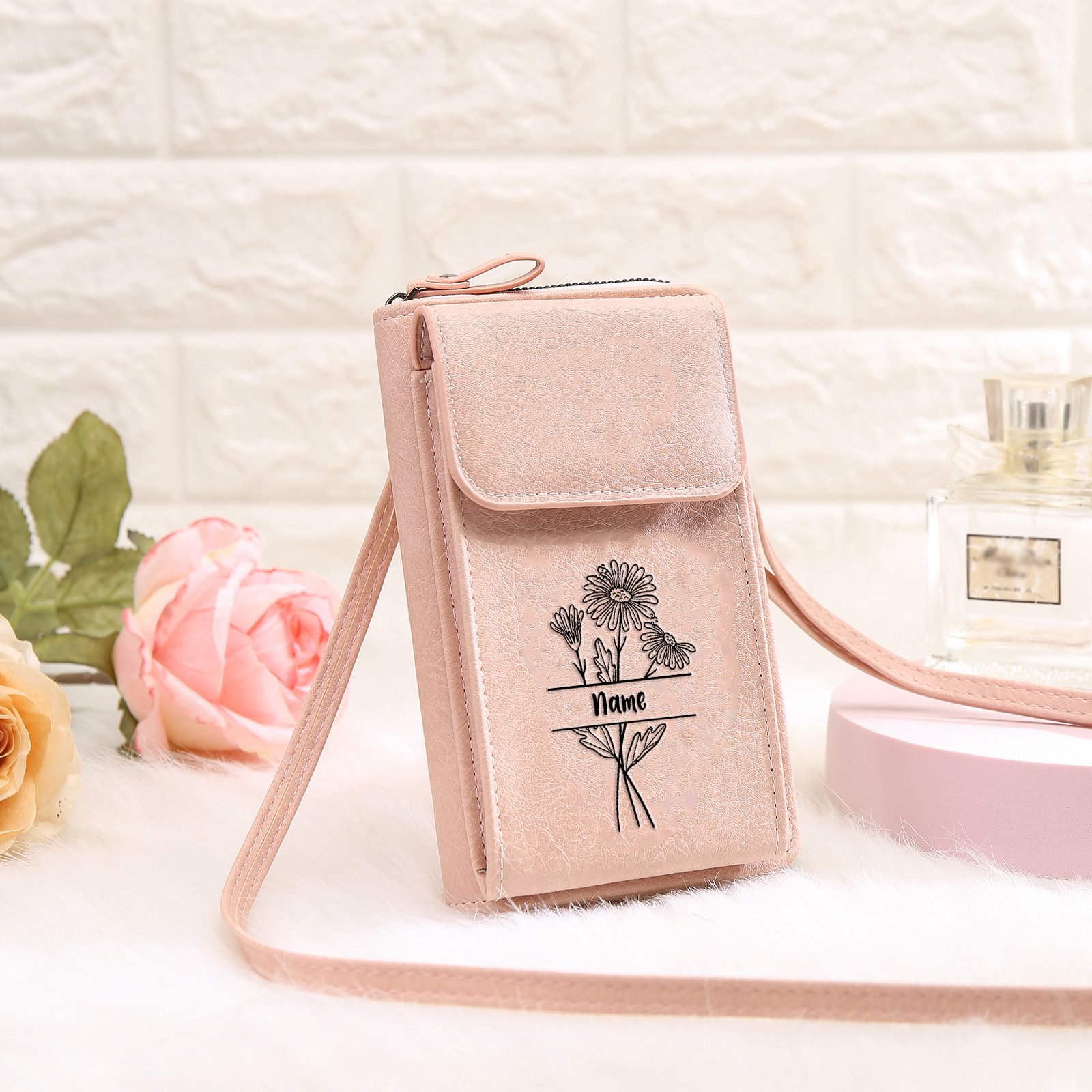 Portefeuille/Sac Bandoulière Femmes 1 Prénom et Fleur de Naissance Personnalisés