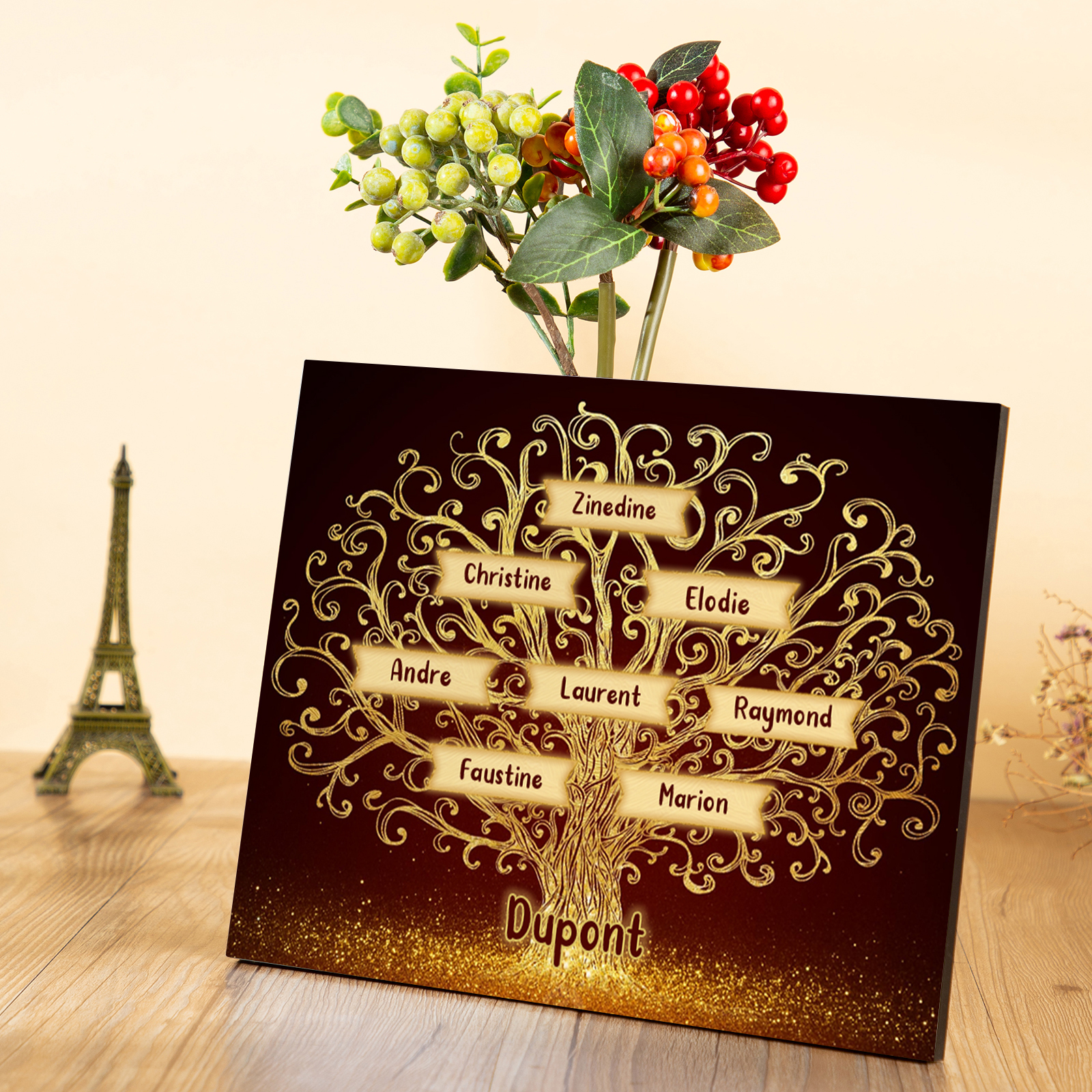 Cadre en Bois Arbre 8 Prénoms Personnalisés avec Texte Cadeau pour Famille