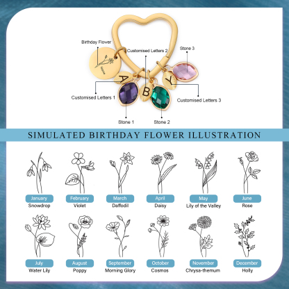 Porte-Clés Fleur de Naissance Feuilles 1 Prénom et 3 Lettres Personnalisés avec 3 Pierres de Naissance