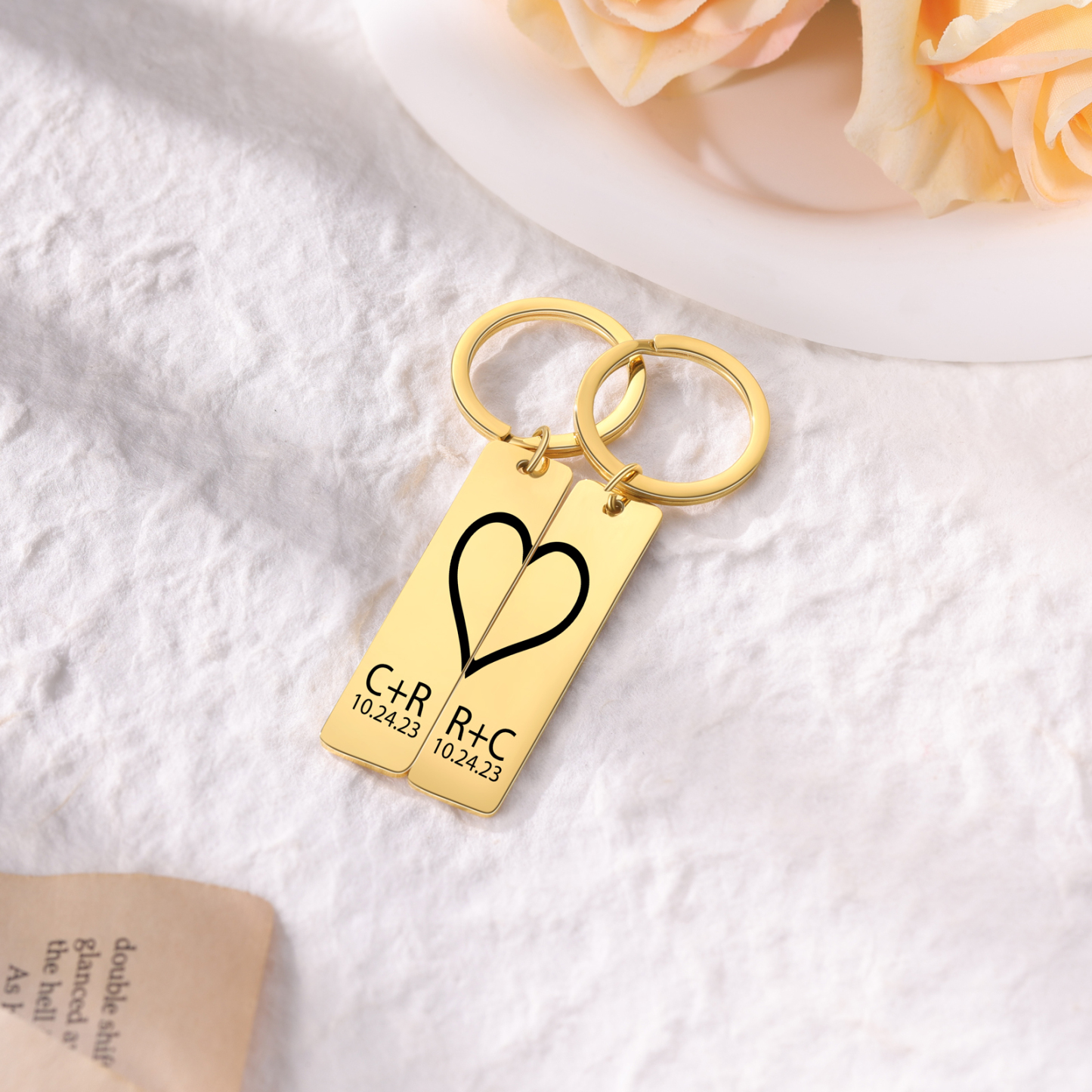 Porte-Clés la main dans la main 2 lettres Personnalisé avec date
