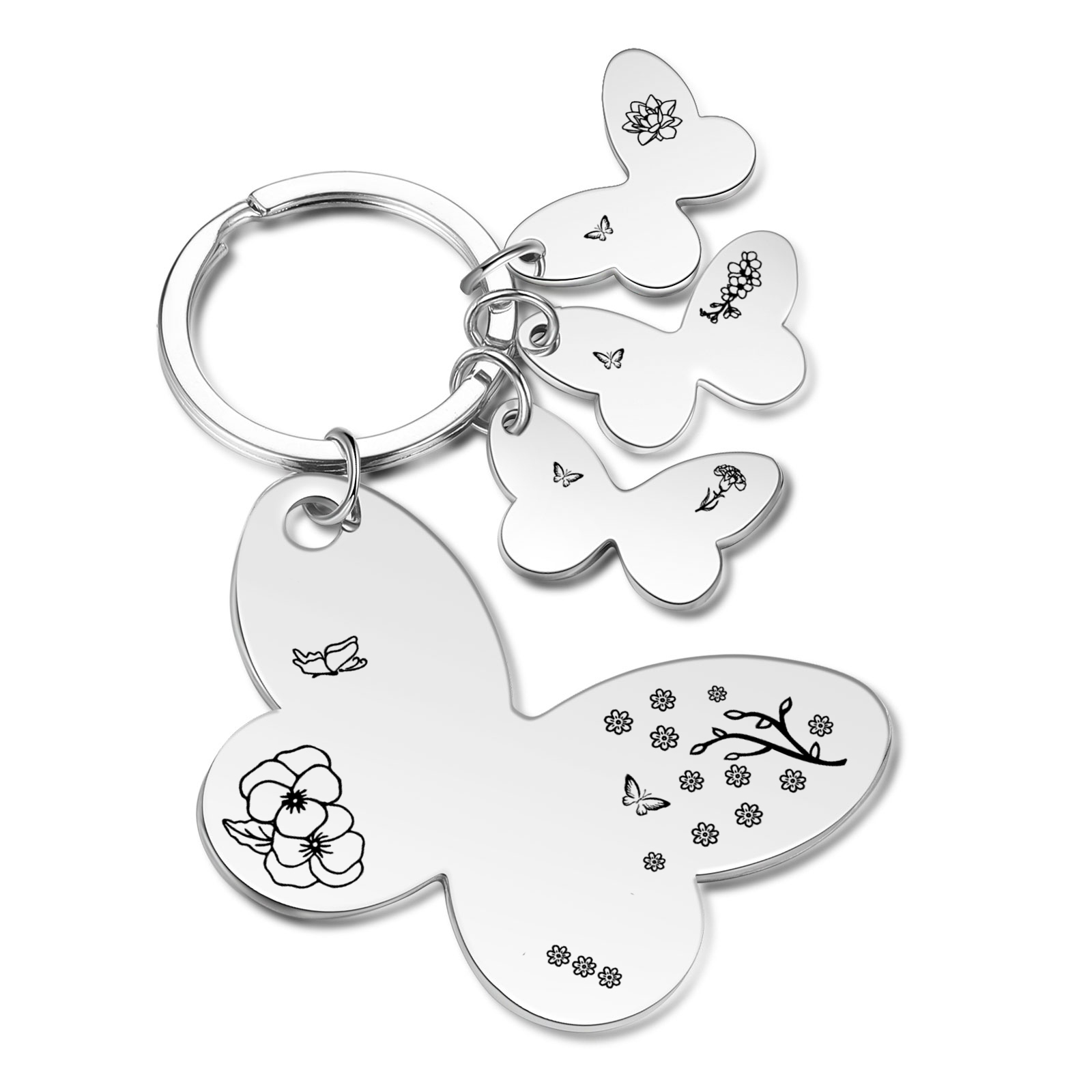 À Maman/Mamie - Porte-Clés Papillon 3 Prénoms et Fleurs de Naissance Personnalisés avec Texte