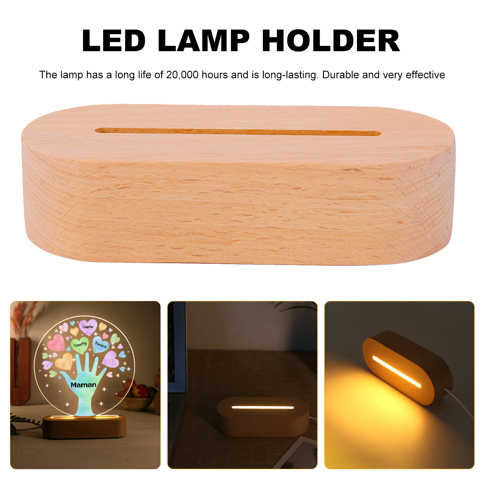 À Maman/Mamie - Lampe de chevet LED Lumières Cœur 3 Prénoms Personnalisés avec 1 Texte pour Famille