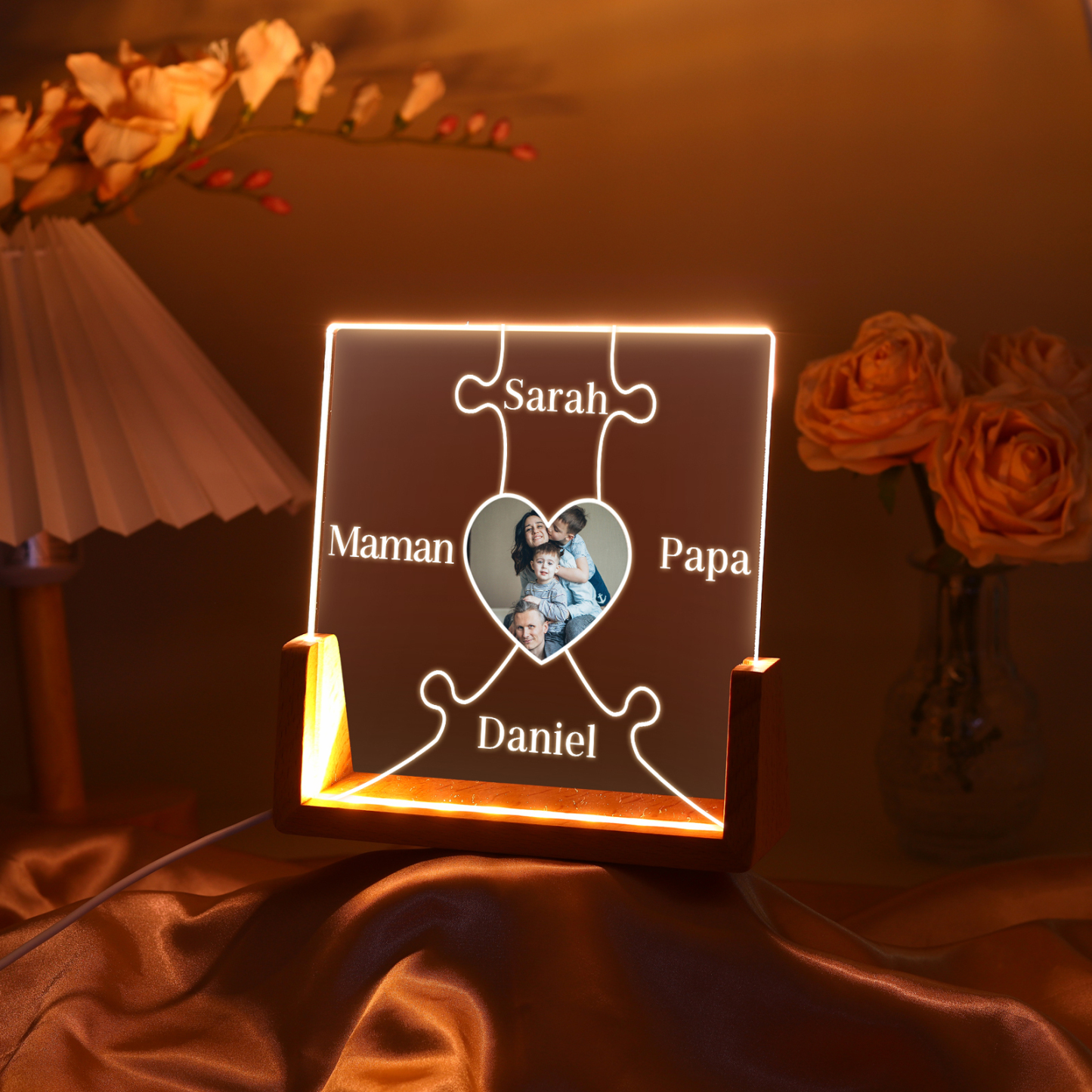 Lampe de chevet LED Puzzles 4 Prénoms Personnalisés avec Photo pour Famille