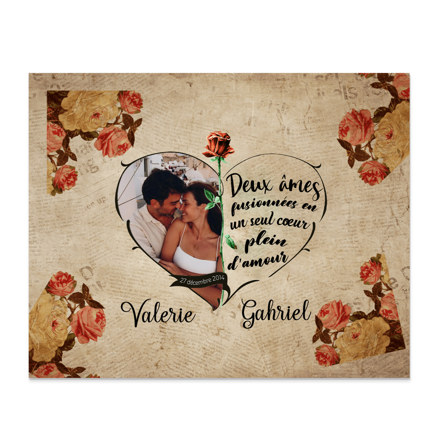 Cadre en Bois 2 Prénoms Personnalisés avec Photo et Date pour Couple Cadeau Saint Valentin