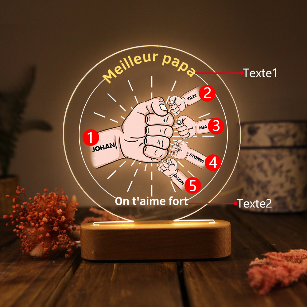 À Papa/Papi - Lampe de chevet LED Lumières Poings 5 Prénoms et 2 Textes Personnalisés pour Famille