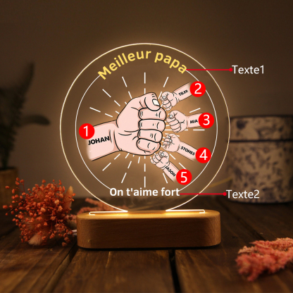 À Papa/Papi - Lampe de chevet LED Lumières Poings 5 Prénoms et 2 Textes Personnalisés pour Famille