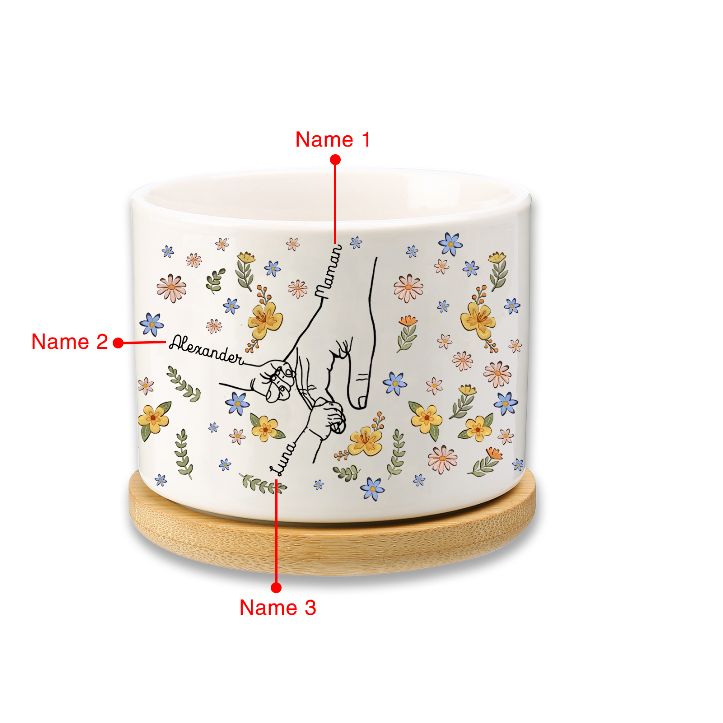 Vase/Pot de Fleurs la main dans la main 3 Prénoms Personnalisés Décoration de la Maison (sans plantes)