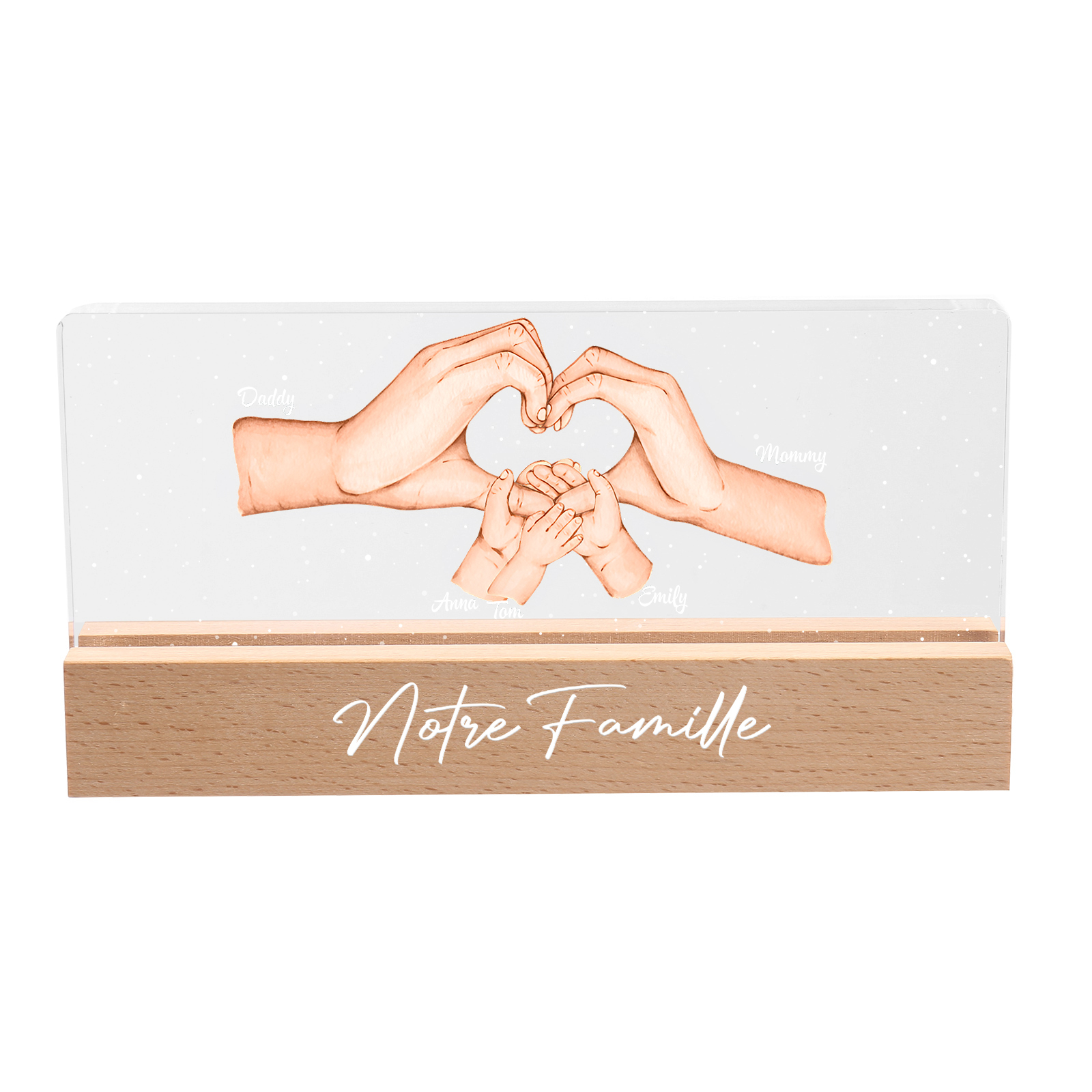 À ma Famille- Lampe de chevet LED la Main dans la Main 5 Prénoms Personnalisés avec Texte