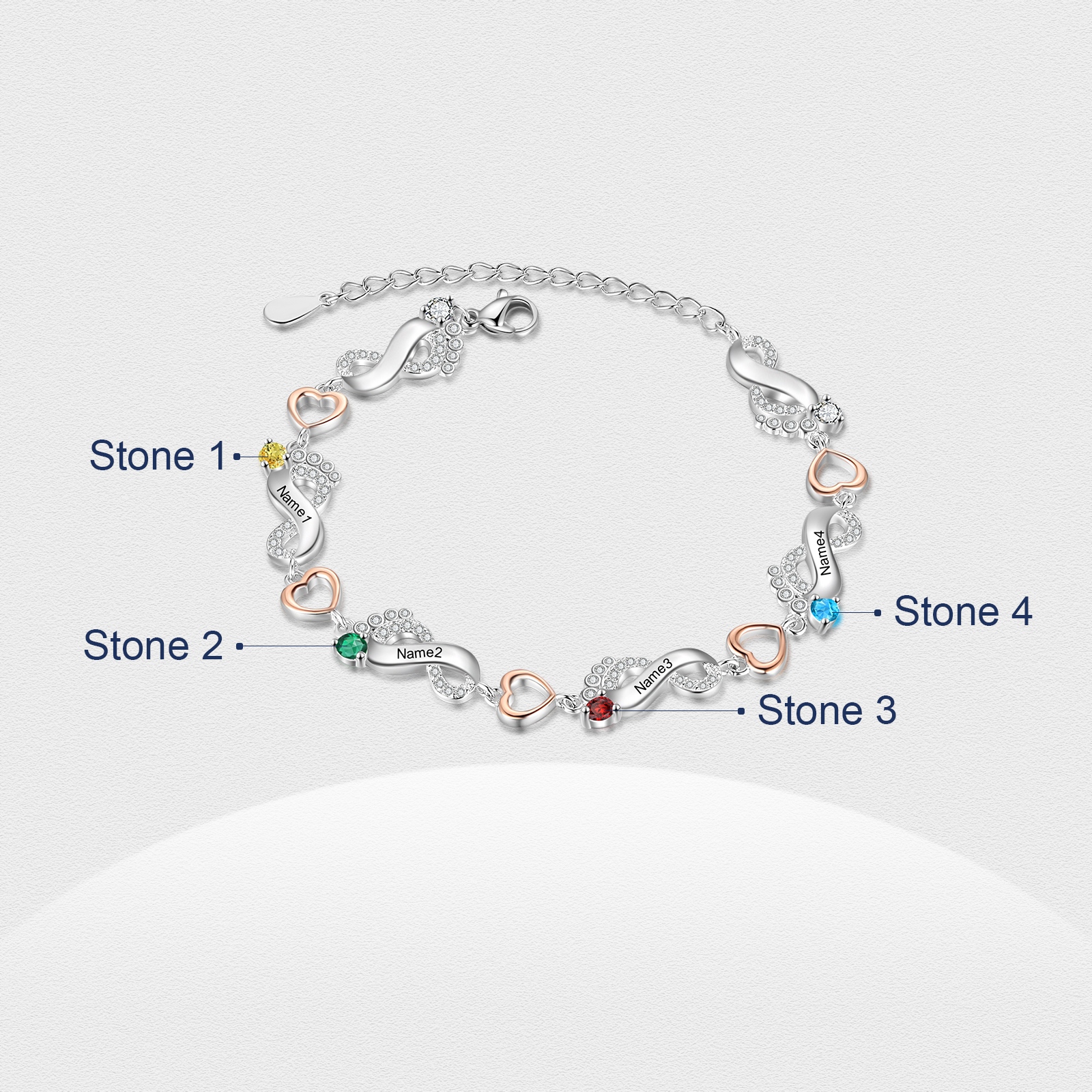 Bracelet Pied bébé et Cœur Personnalisé avec ' Prénoms et Pierres de naissance Bracelet pour Femme | Jessemade