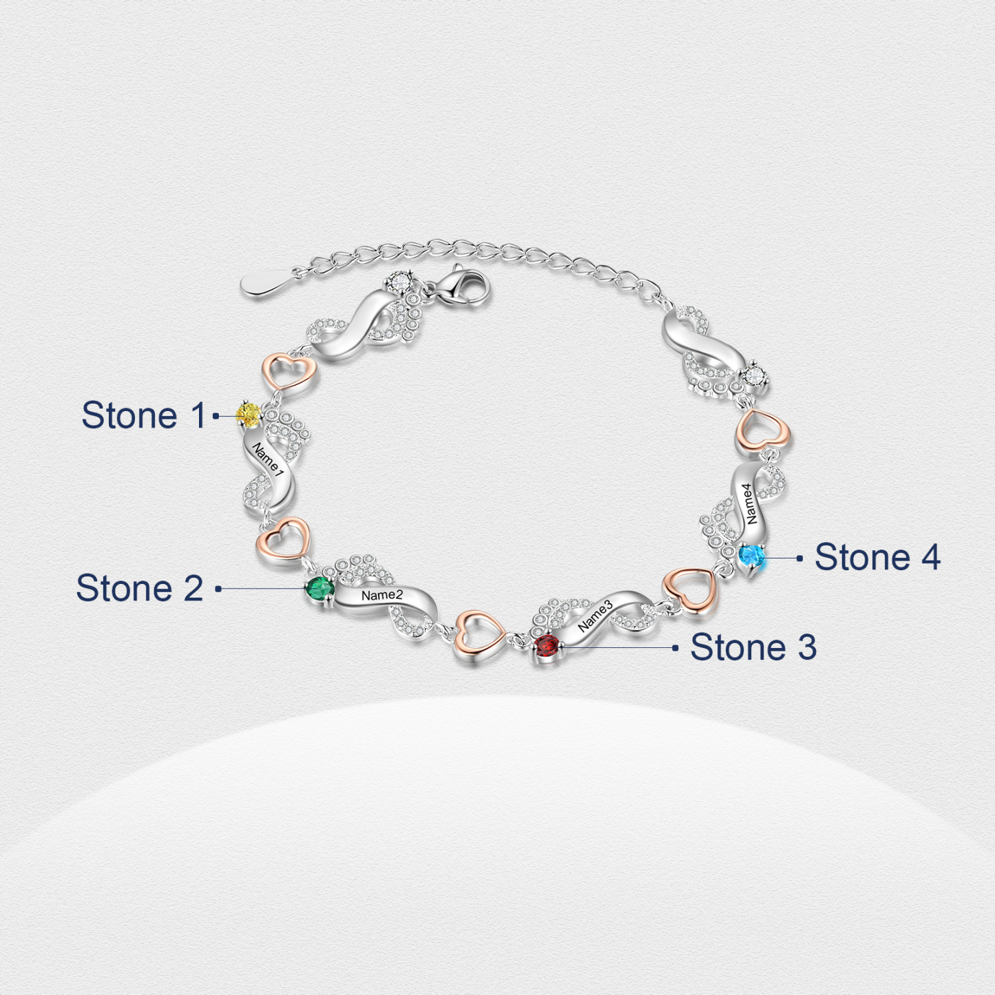 Bracelet Pied bébé et Cœur Personnalisé avec ' Prénoms et Pierres de naissance Bracelet pour Femme | Jessemade