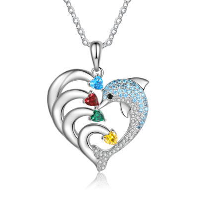 Collier coeur et dauphin 4 Prénoms Personnalisés avec 4 Pierre de Naissance