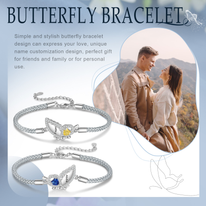 2PCS Bracelets Papillon Bracelet en Commun 2 Prénoms Personnalisées avec 2 Pierres de naissance｜Jessemade