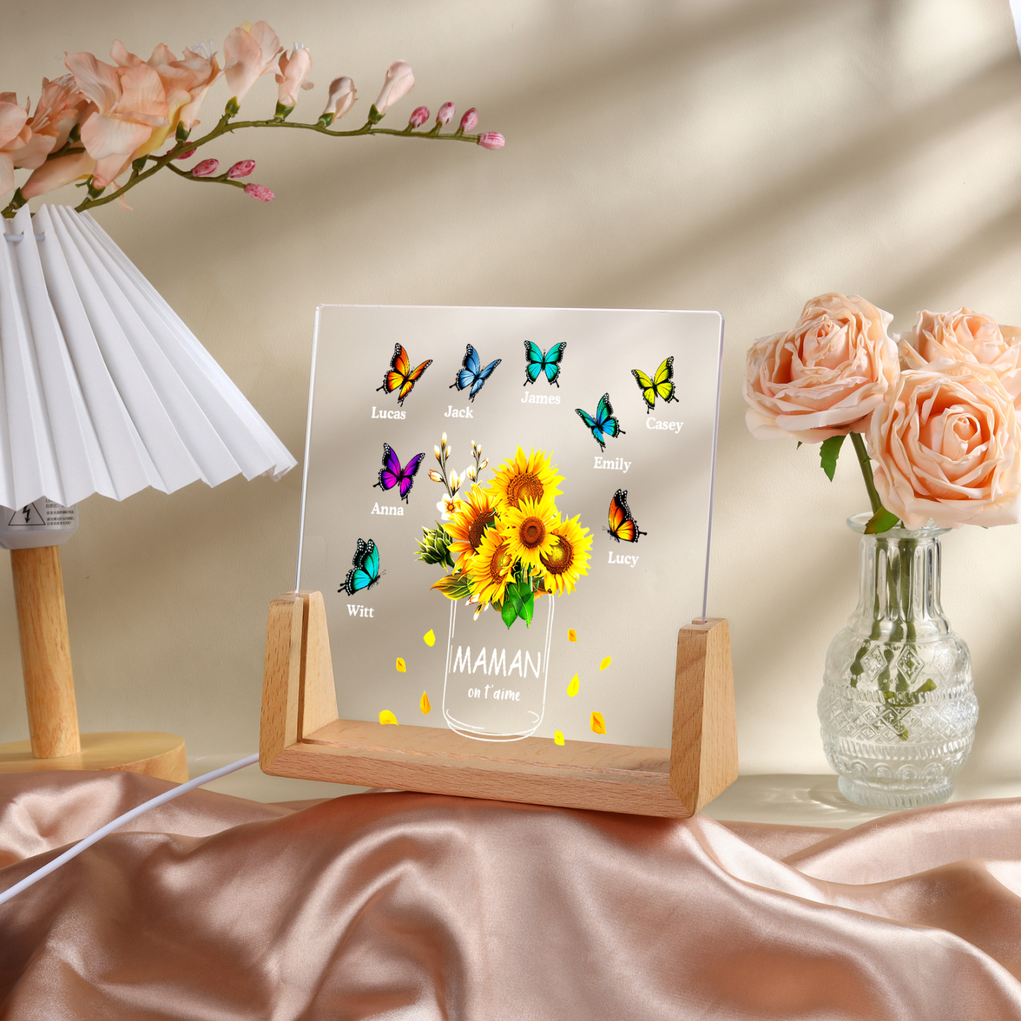 À Maman/Mamie - Lampe de chevet LED Tournesol 8 Prénoms Personnalisés avec 2 Textes pour Famille