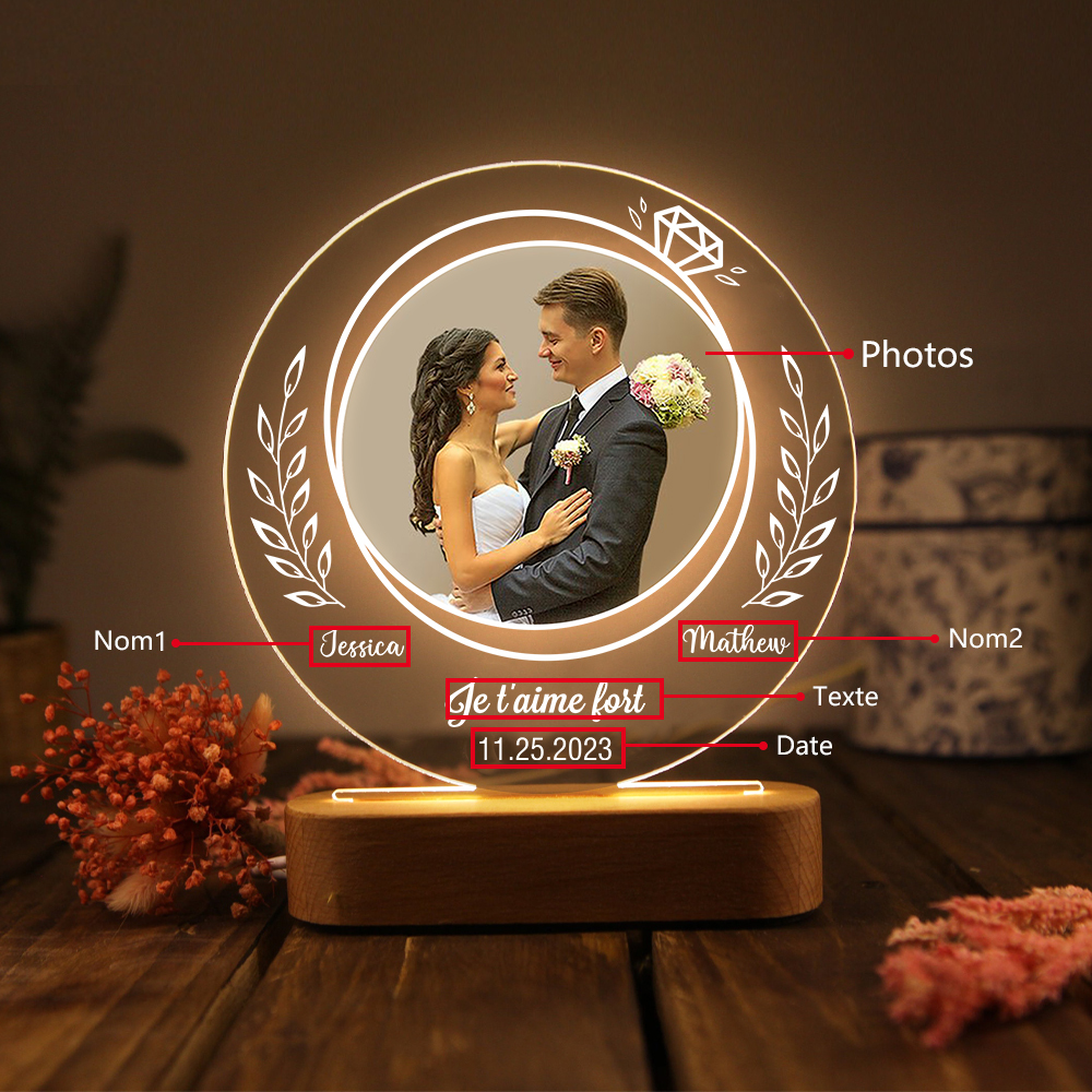 Lampe de chevet Couple LED Lumières 2 Prénoms et 1 Photo Personnalisés avec Date et Texte