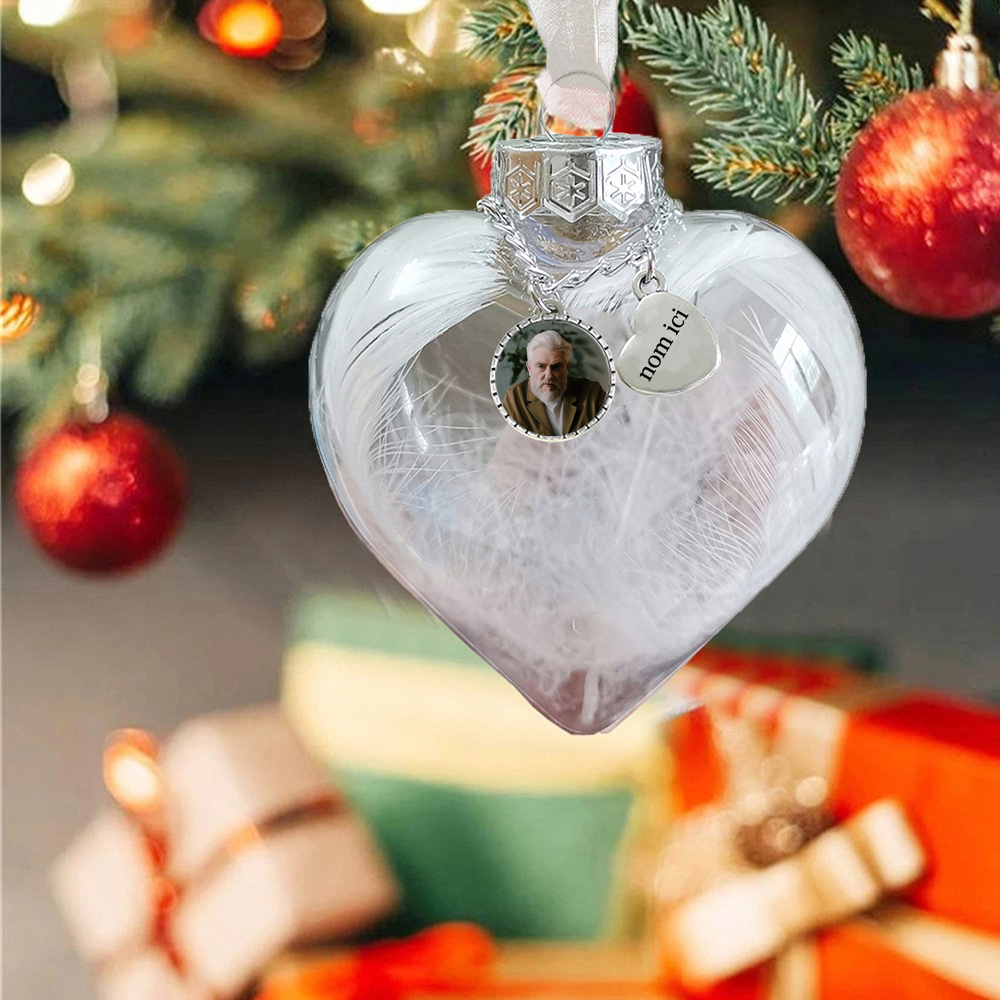 Boule transparente de plumes En forme de coeur Ornements Prénom Personnalisé avec photo boule de noël | Jessemade