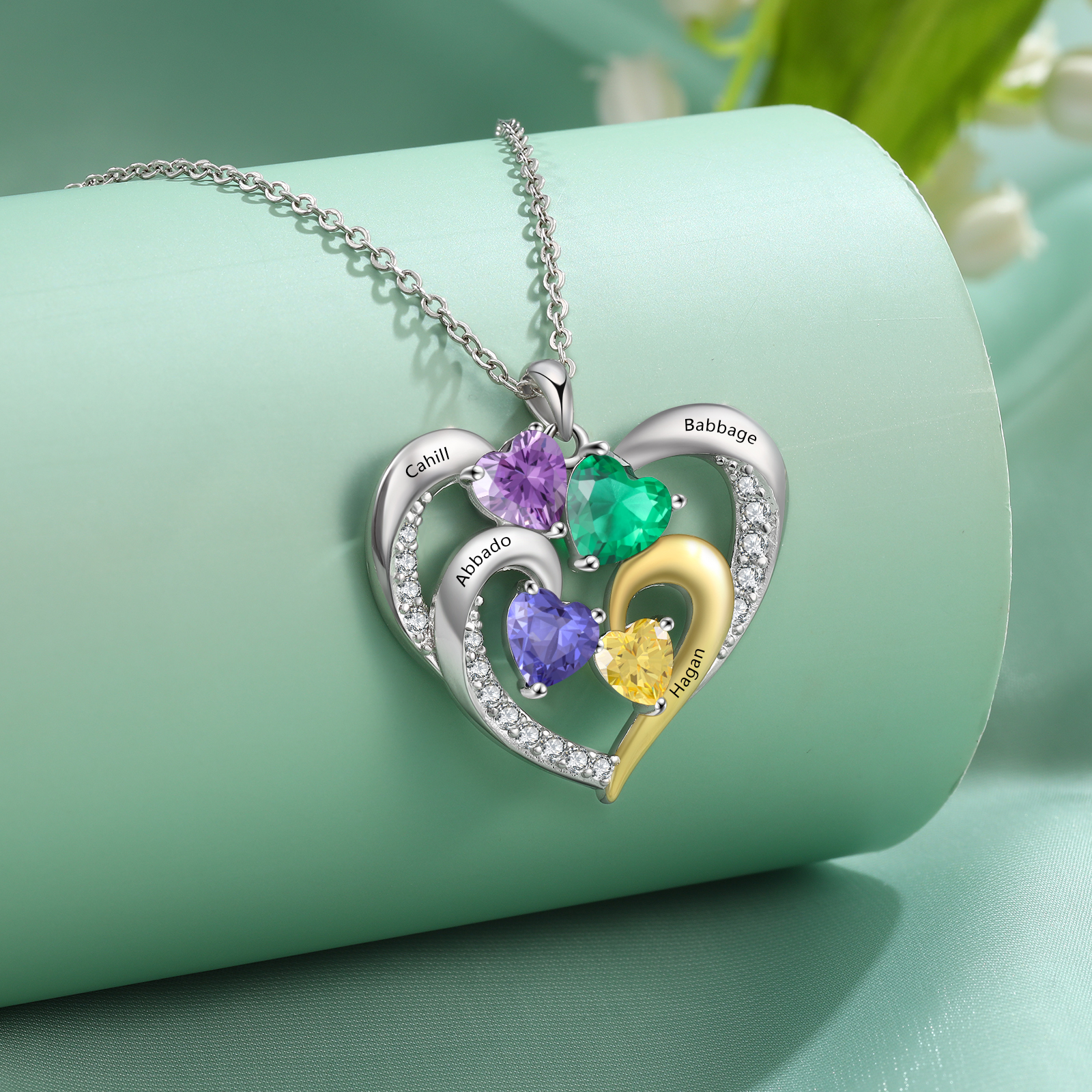 Collier Argent 925 Pendentif Cœur 4 Prénoms et 1 Texte Personnalisés avec 4 Pierre de naissance pour Femmes