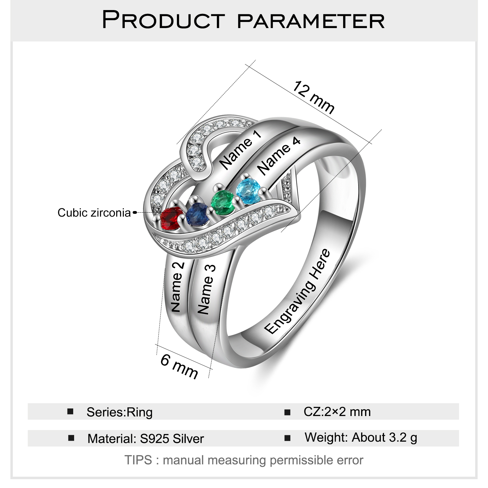 Bague Argent 925 4 Prénom Personnalisé avec 4 Pierre de Naissance